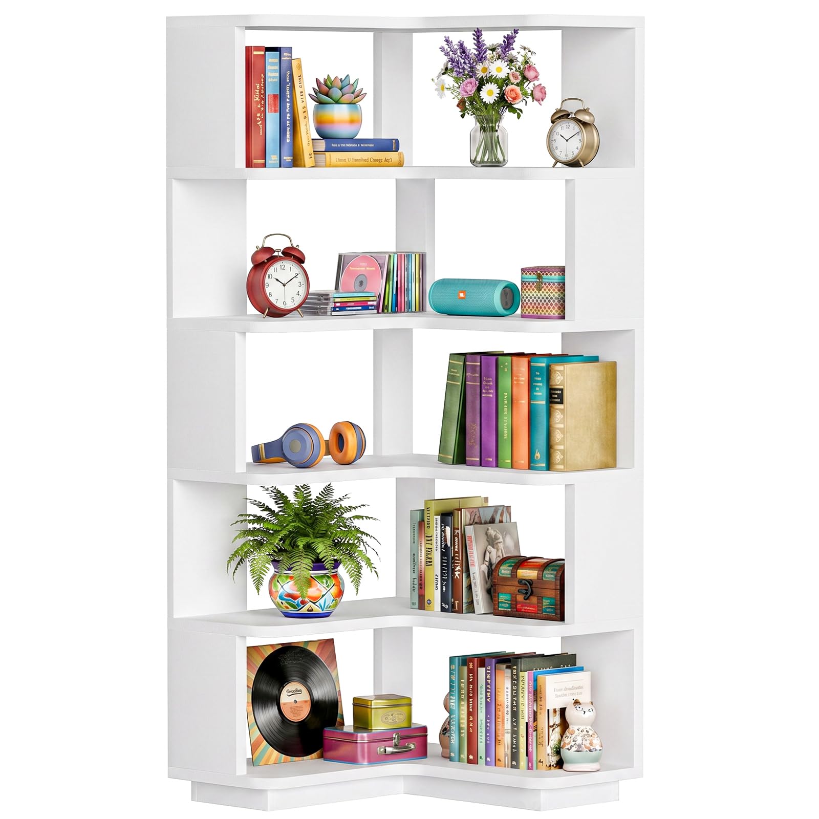 Homieasy Estantería Esquina de 5 Niveles para Libros, Blanco | 60x60x162cm, Forma L, Independiente con Sujetalibros, Salón y Oficina, Ahorro Espacio, Madera MDF