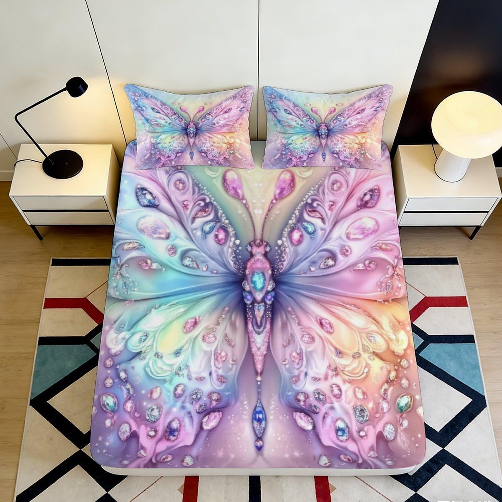 Vivid Butterfly Fitted Sheet 3D Printed Microfiber, soft touch, wrinkle resistant, bed cover for bedroom, guest room, apartment bedding, washable 90x200x25cm
