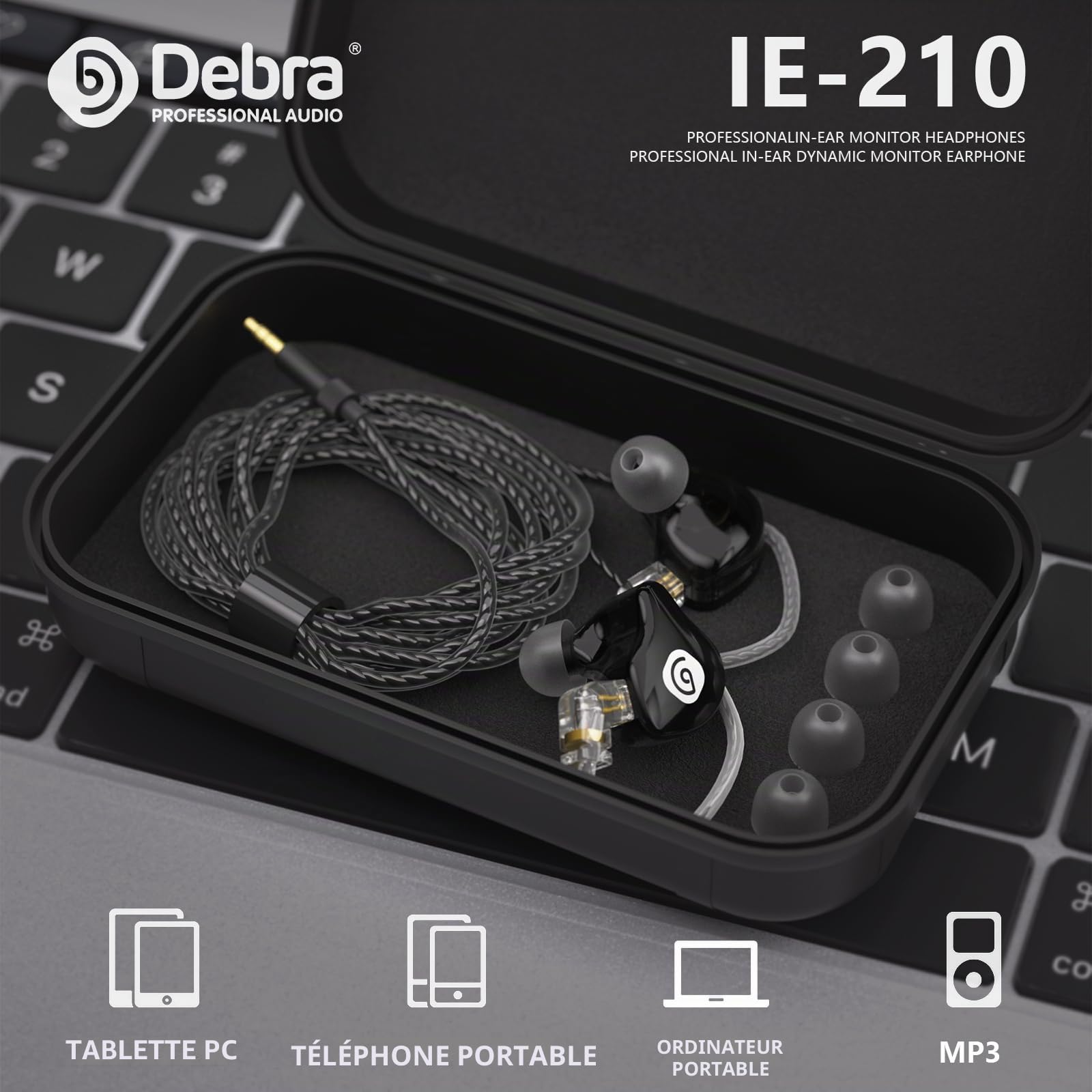 D Debra IE-210 Écouteurs IEM Hi-FI à Faible Distorsion pour Musicien, Câble Détachable 2 Broches, Isolation Phonique Passive pour Scène et Studio