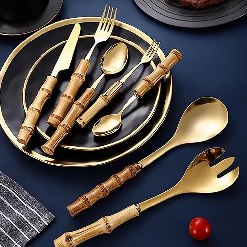 Miniatura 8 de Juego de cubiertos de bambú para 8,56 piezas de acero inoxidable 188, juegos de cubiertos con mango de bambú, juego de tenedores y cuchillos de
