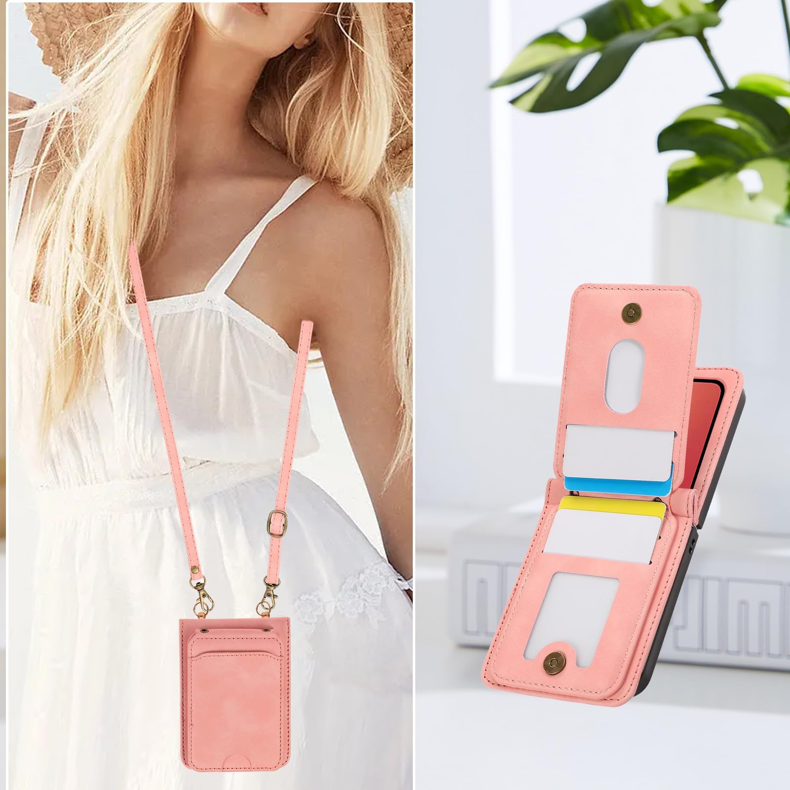 Etui crossbody do Samsung Galaxy Z Flip 8, etui na karty folio matowe etui skórzany długi pasek na ramię, mosiądz, Flip 8