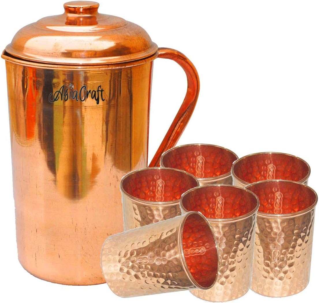 AsiaCraft Pure Copper Jug & 2 Borosil Glass Set Home
