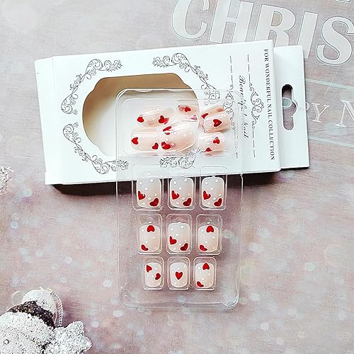 Miniatura 10 de CEWEWP Uñas postizas cortas rojas a presión, uñas postizas de San Valentín, uñas acrílicas cuadradas, cobertura completa, uñas adhesivas a presión,