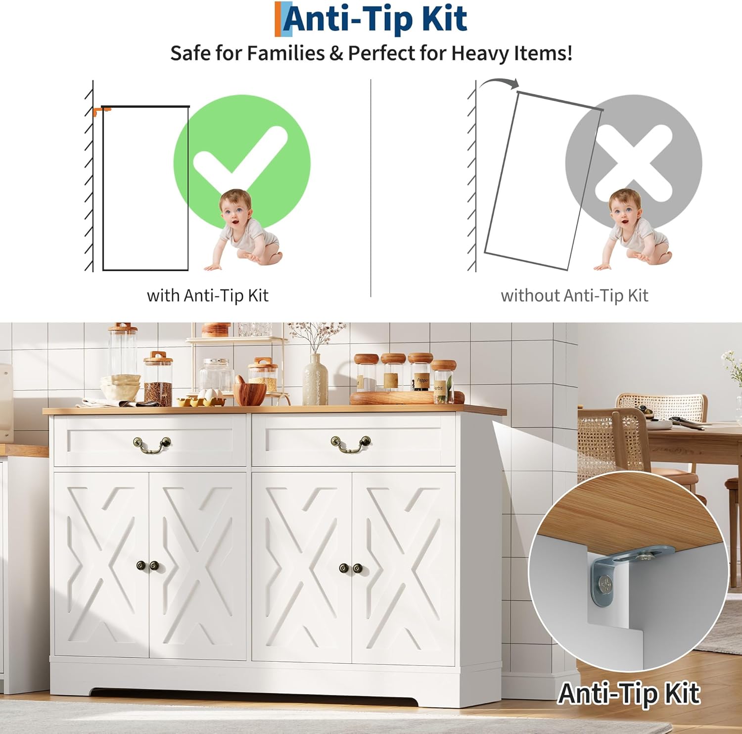 Garvee Farmhouse Coffee Bar Cabinet - Kitchen Storage Buffet Sideboard with 4 Doors, 2 Drawers & Adjustable Shelf, White Cabinet for Kitchen, Living Room, Entryway, 150 LB Capacity