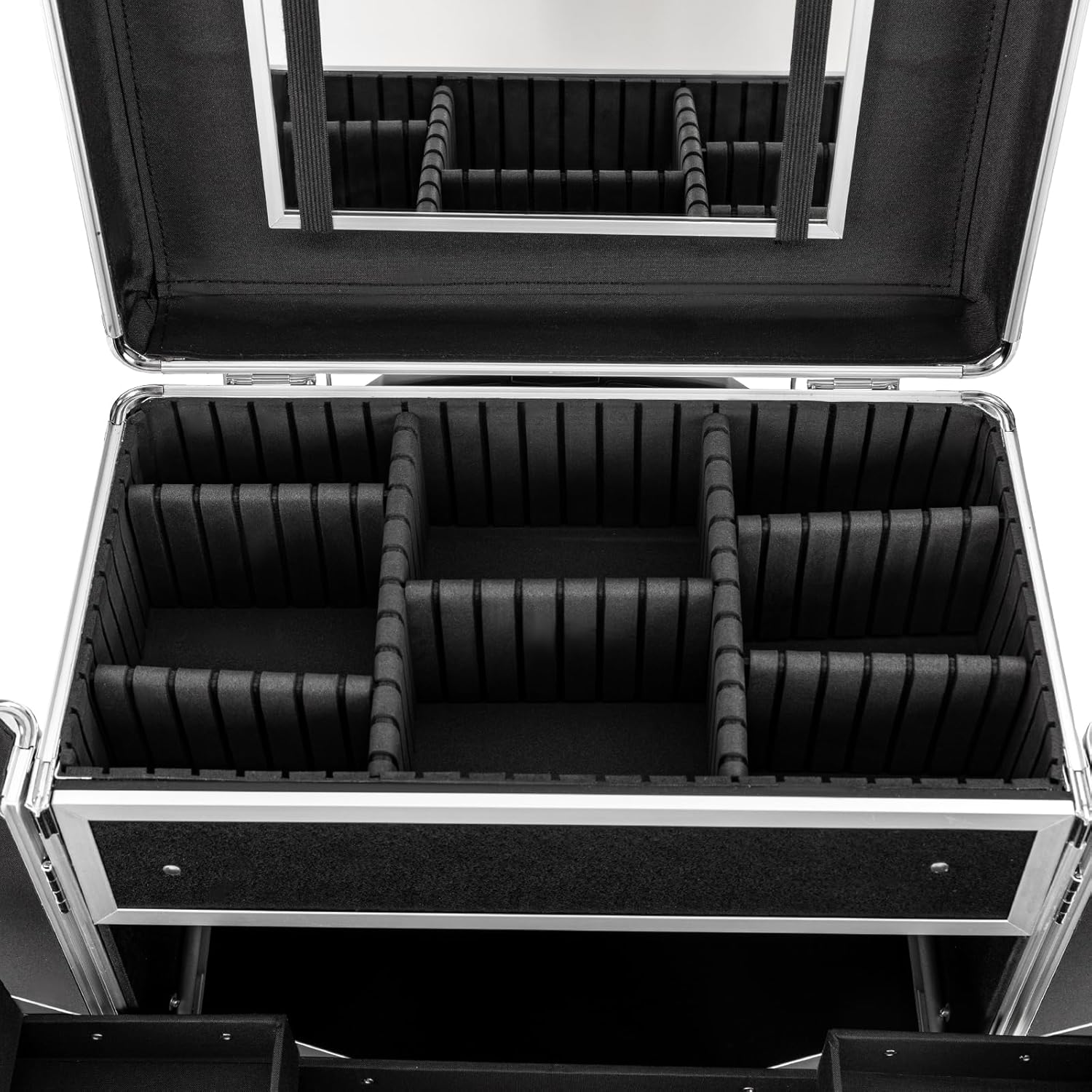 Makeup Case, Rolling Makeup Train Case Professional Makeup Travel Case Makeup Case Organizer with Mirror & 4 Key, 33lbs Capacity Storage Cosmetic Trolley Salon Barber Case Cosmetology Case