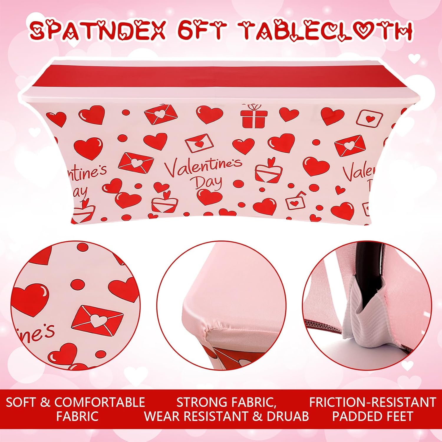 Oudain 2 Pcs Valentine's Day Stretch Table Cover 6 Feet Red Heart Valentine's Day Spandex Table Clothes Sport Theme Party Decorations for Holiday Party Celebration Picnic Dinner Decor
