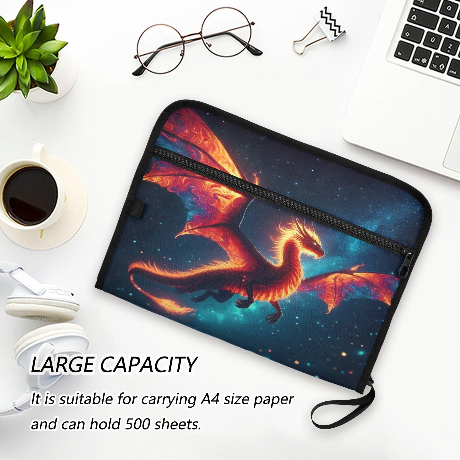 Dragon in The Dark Night - Organizer per documenti con 13 tasche, espandibile, con tasca frontale, portatile, organizer per documenti da lavoro, con cerniera