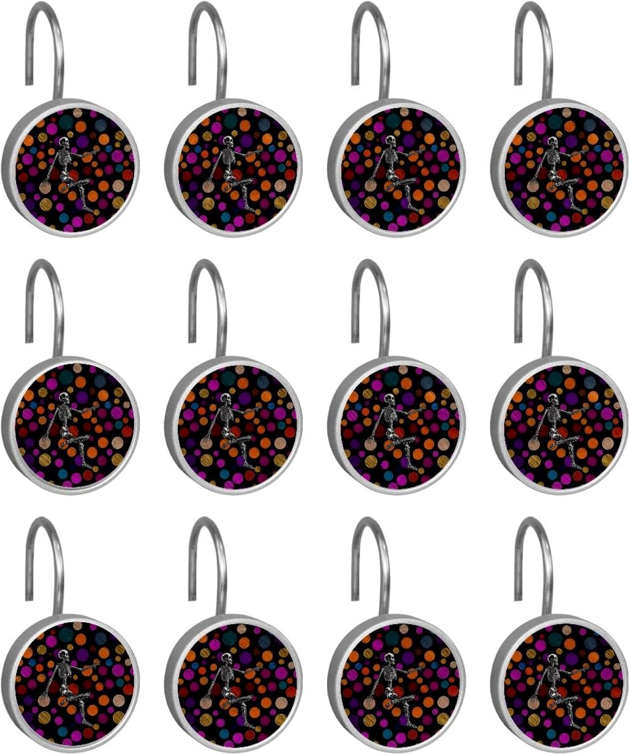 Dance Skeleton Colored Circles Pattern (1) Round Crystal Glass Decorative Shower Curtain Hooks with 3D Pattern Visual, Rust Proof Shower Curtain Rings-12 Pack