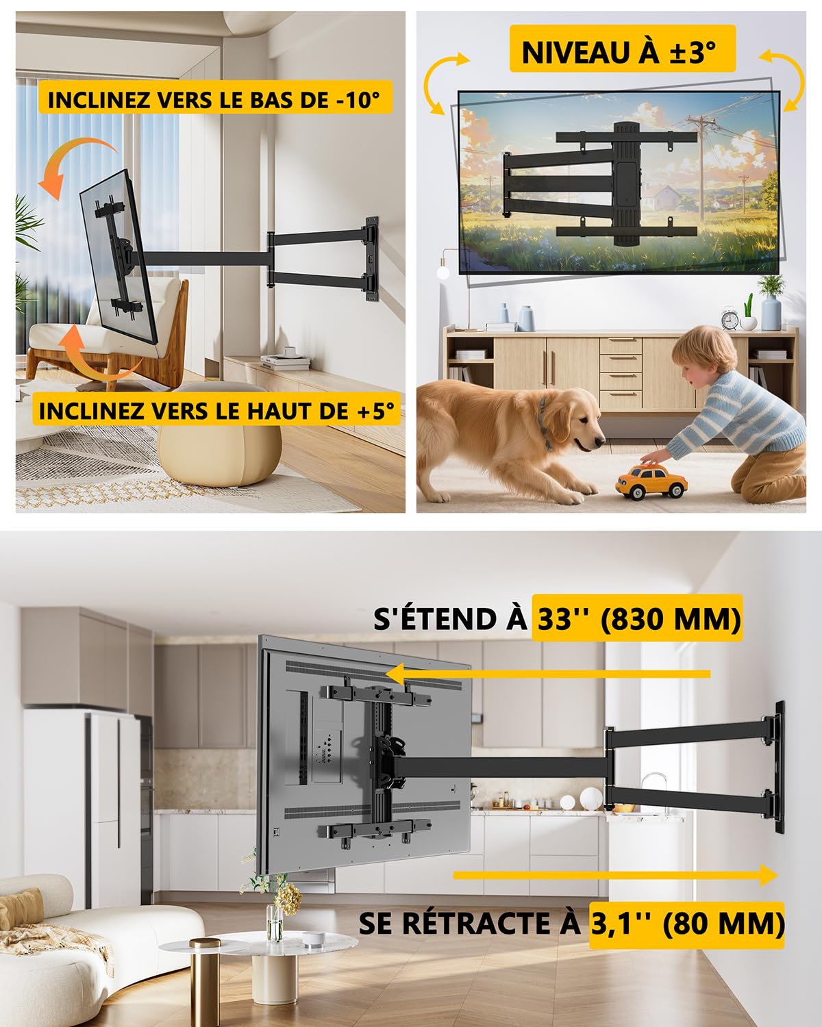 FORGING MOUNT Support Mural TV avec Bras Long de 943mm pour Écrans Plats/Incurvés de 26 à 65 Pouces jusqu'à 45 kg, Support TV Mural Articulé, Pivotant, Inclinable, Max VESA 400x400 mm