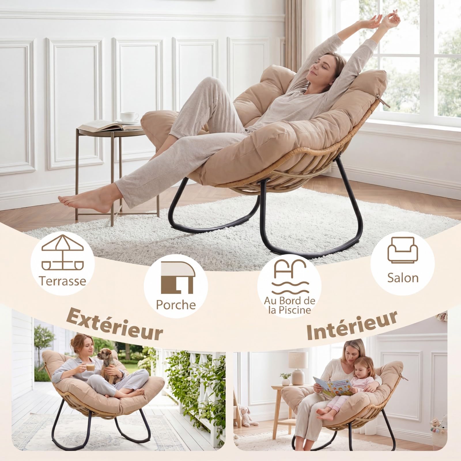 COSTWAY Fauteuil à Bascule Exterieur Interieur XXL, Fauteuil de Jardin en Rotin PE Tressé, Cadre en Métal, Coussin Épais Amovible, Rocking Chair pour Balcon Salon Porche, Charge 140 kg (Beige)
