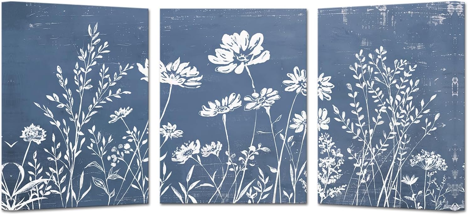 Artmyharbor Navy Blue White Wall Art Wildflower Canvas Prints Minimalist Bathroom Decor 12 x 16 inches