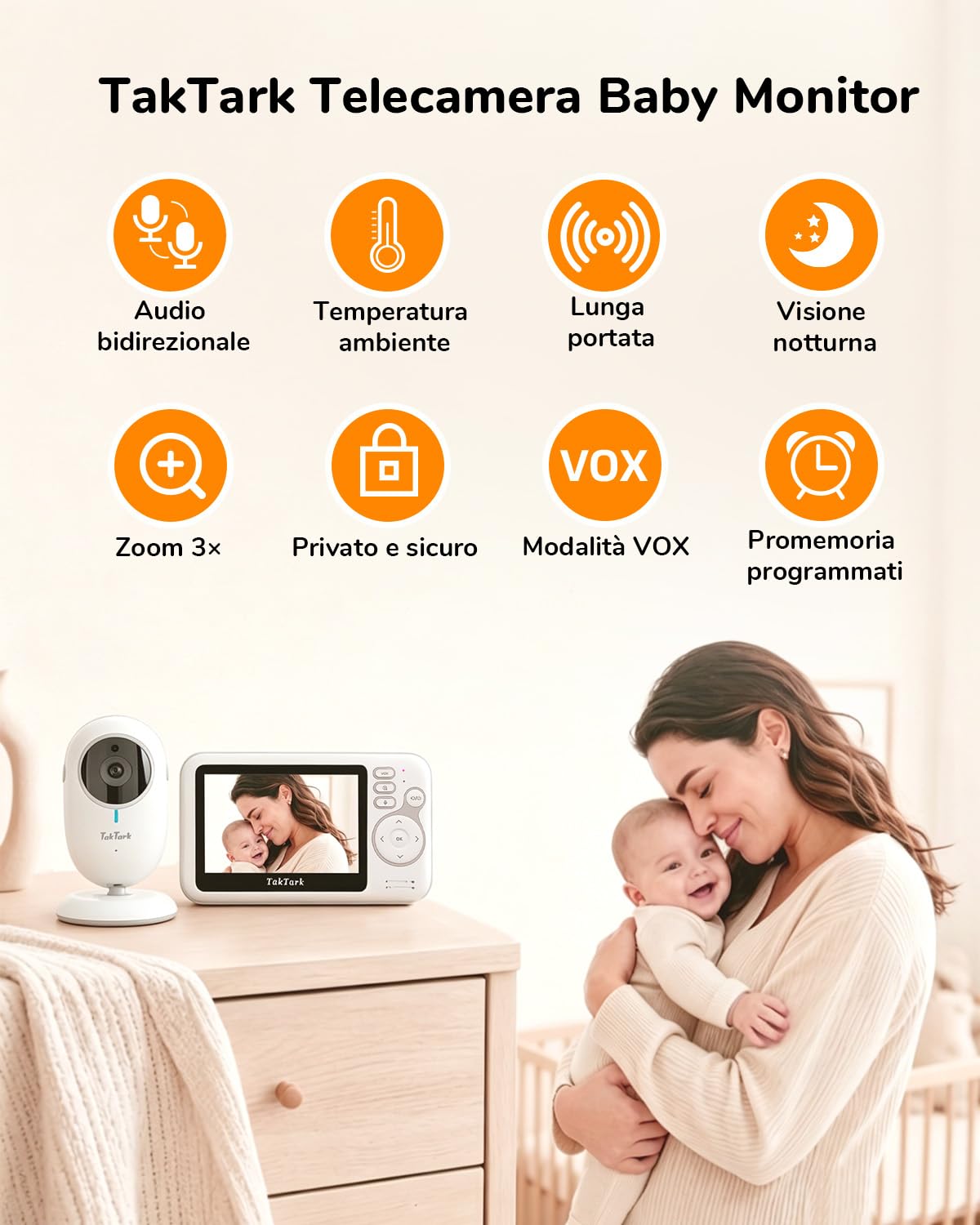 TakTark Baby Monitor Video e Audio, 4.3'' Telecamera Bambini con Monitor Video Baby Monitor Videocamera VOX, Visione notturna, Comunicazione Bidirezionale Sensore di temperatura
