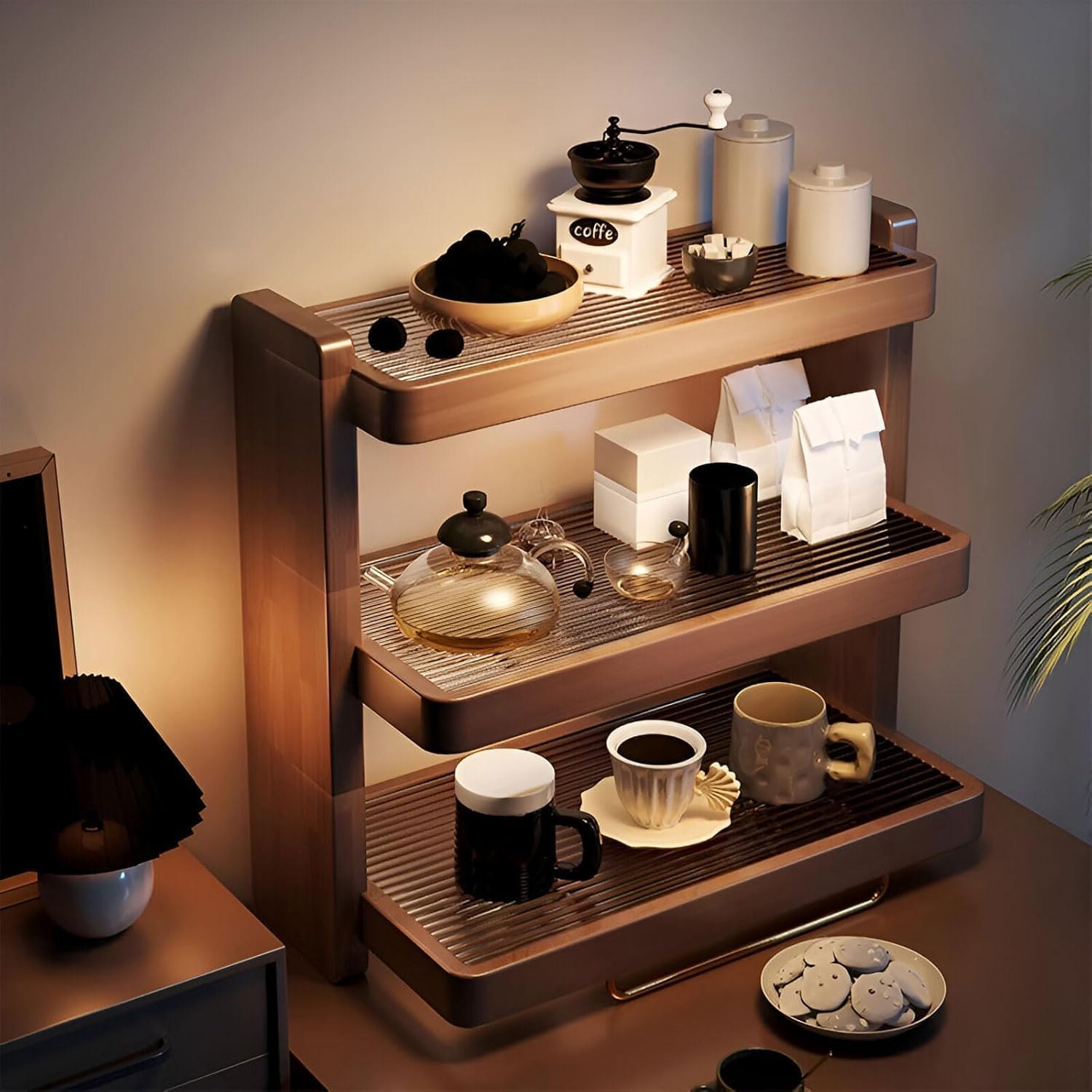 Organizador de barra de café de bambú de 3 niveles, estante de almacenamiento para encimera de cocina, estante de exhibición multifuncional para tazas, tazas que ahorra espacio y soporte para especias