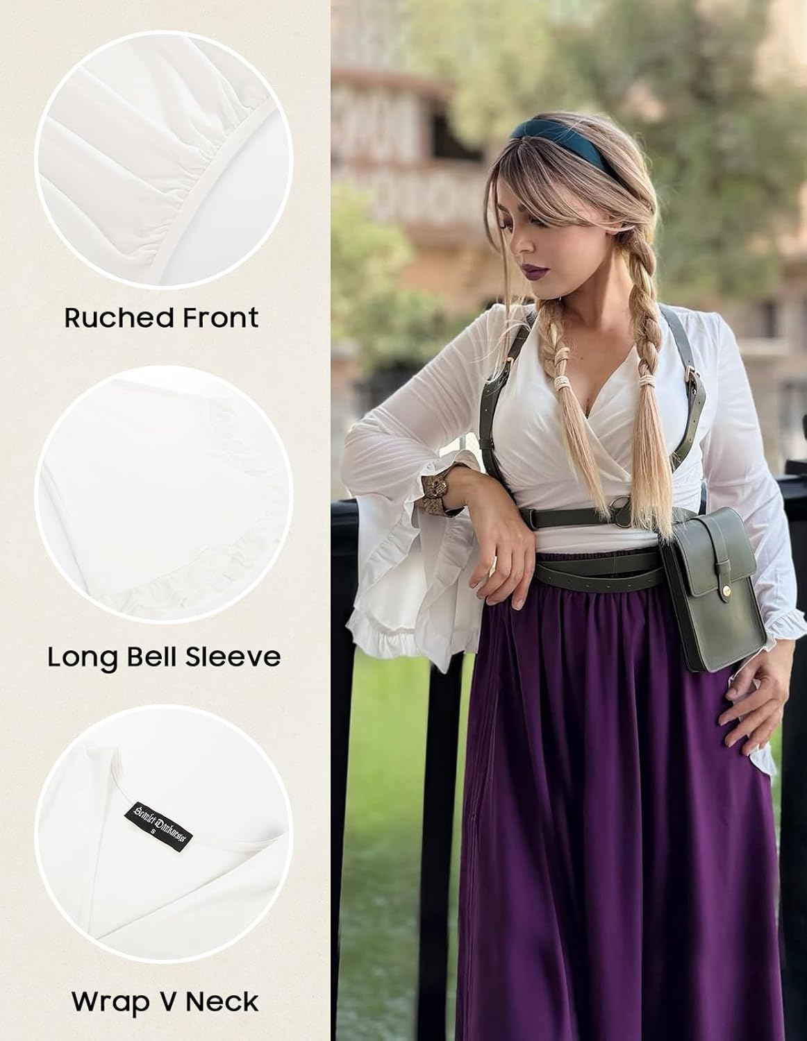 Scarlet Darkness Renaissance Shirt Women V Neck Long Bell Sleeve Wrap Casual Ruched Top - Image 4