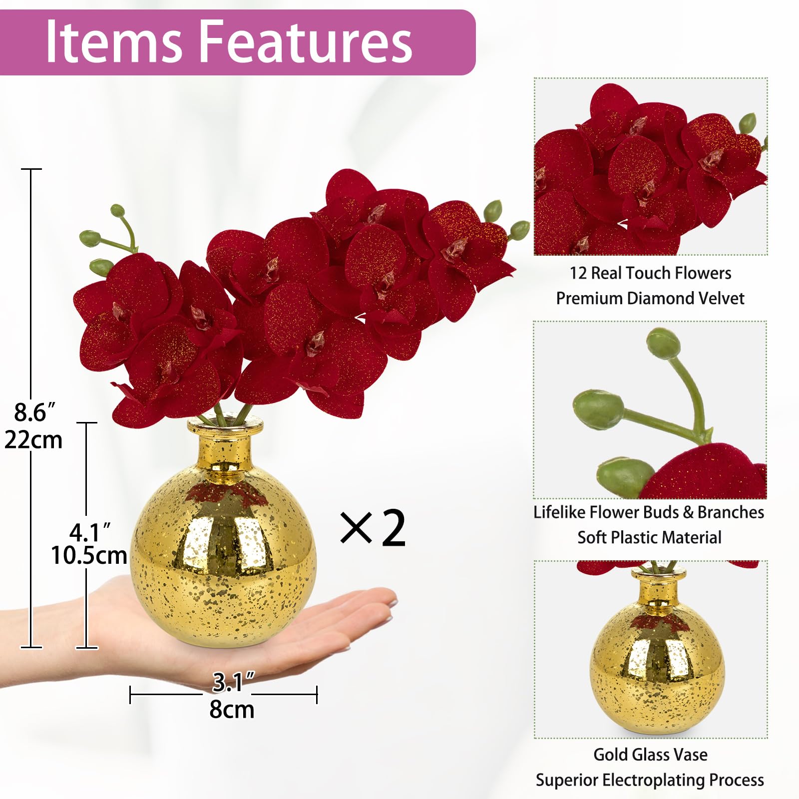 Hollyone 2pcs Artificial Red Velvet Orchid Flower in Vase, Small Fake Orchid Plant with Glass Vase - Image 3