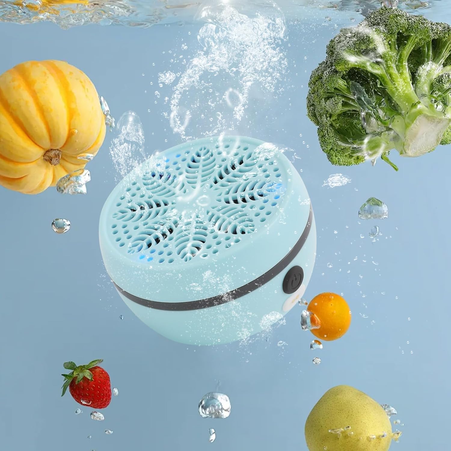 Portable Fruit Cleaner - Mini Vegetable Washing Machine with 3 Cleaning Modes, 2.1Gal Capacity, IPX7 Waterproof - Titanium Alloy Electrolytic Deep Cleaner for Travel, Kitchen, Camping (Sky Blue)