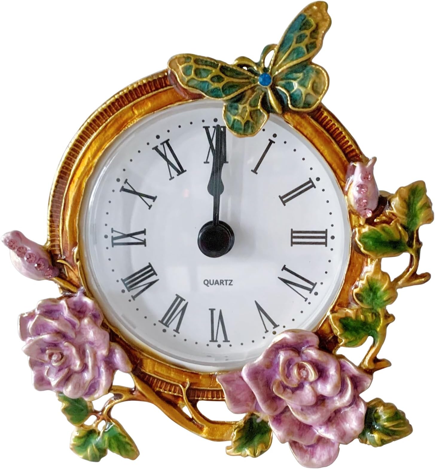 Silent Mini Vintage Analog Table Clock with Hand-Painted Metal Body and Battery Operated Non-Ticking Core for Shelf, Bedroom, Bedside, Desk, Gift Clock