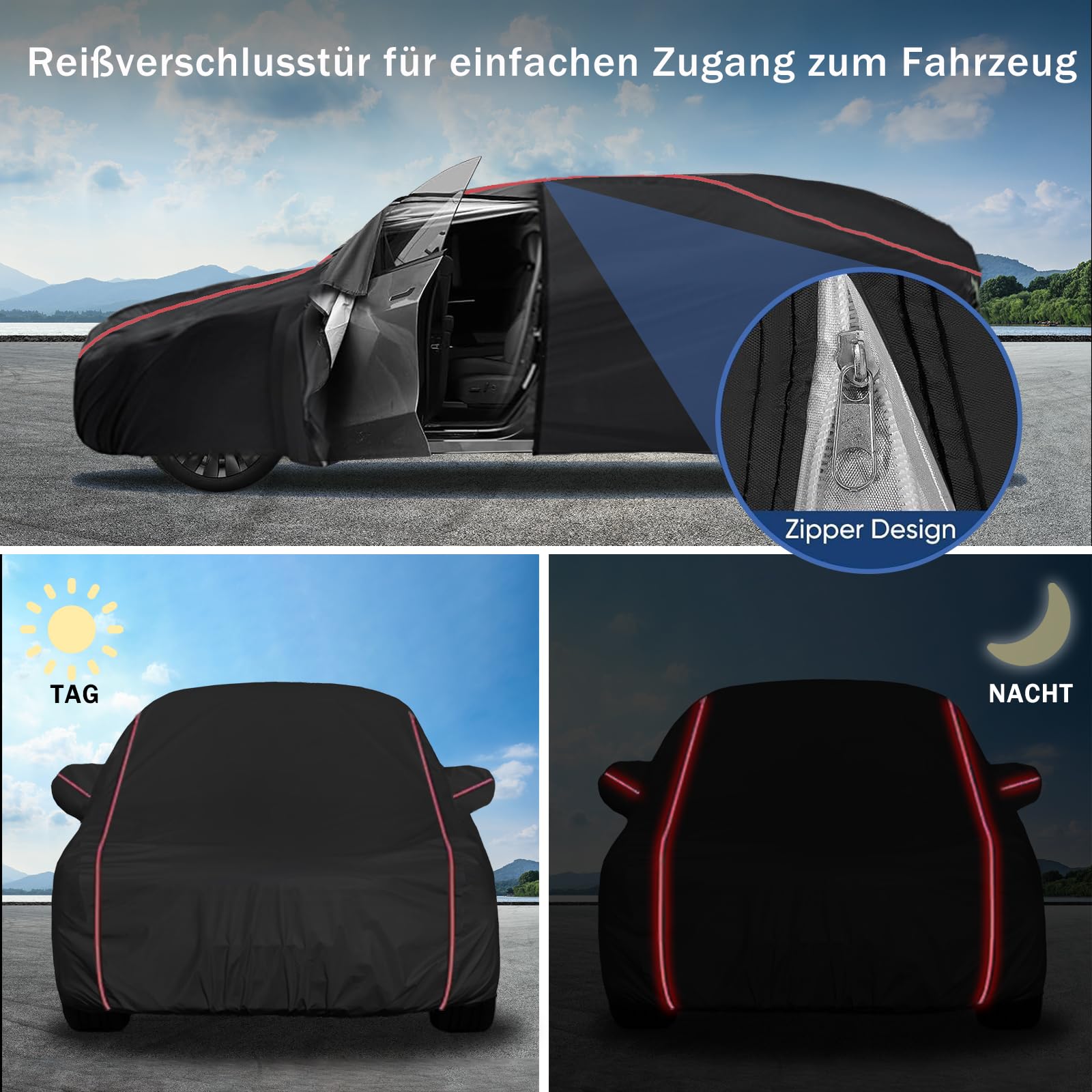 Auto Abdeckplane Vollgarage All Weather Staubdicht Autoabdeckung Outdoor | Wetterfest Autoplane Car Cover mit Reflektierenden Streifen für Schrägheck(415 bis 450cm), 450x183x150cm