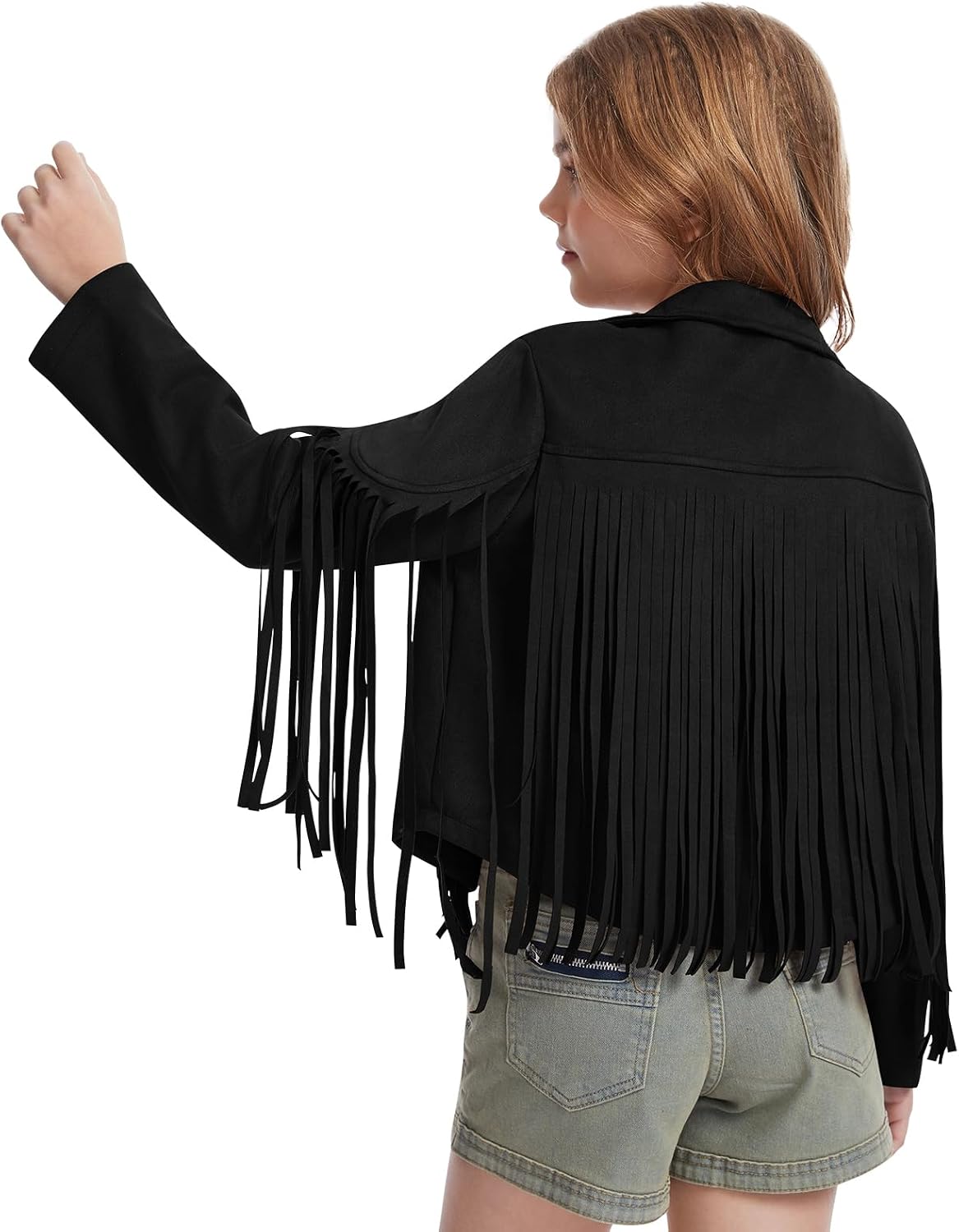 Girls Fringe Faux Suede Leather Jackets Kids Western Tassels Motorcycle Cardigan Cropped Coats