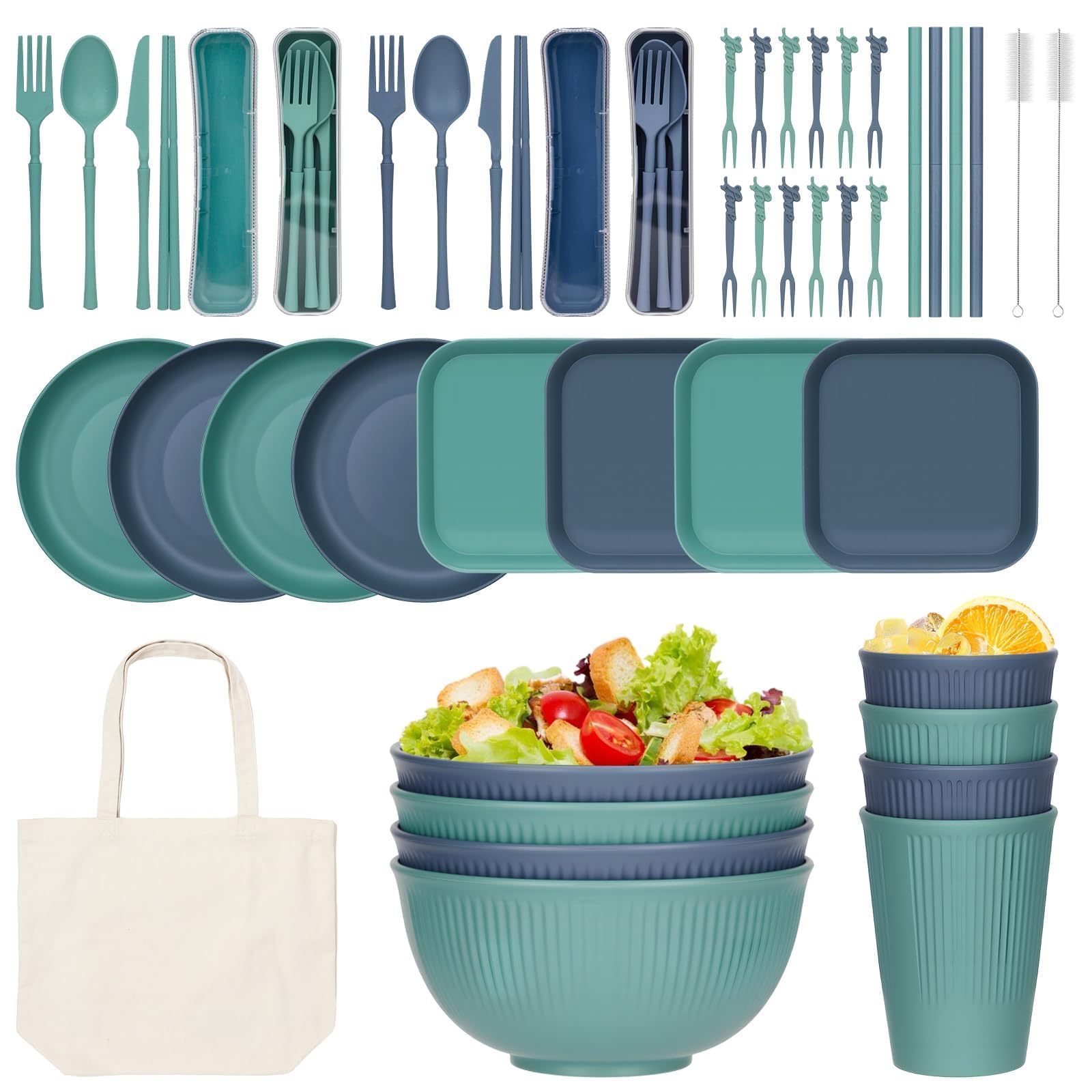 Juego de Vajilla de 55 Piezas para 4 Personas,Vajilla de Plástico, Reutilizado Vajilla Irrompible,Cuencos y Platos para Cena, Picnic, Camping, Barbacoa