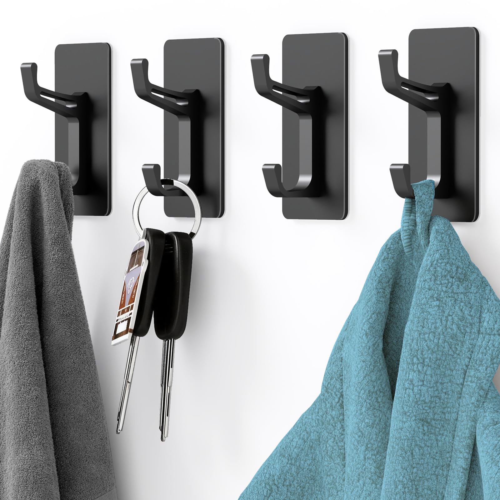 STWWO Self Adhesive Hooks, Stick On Hooks for Hanging Heavy Duty(13.5lb), Back of Door Hooks, Metal Sticky Hooks Extra Strong, Black Coat Towel Hooks for Bathrooms, Door, No Damage Wall, 4 Pack