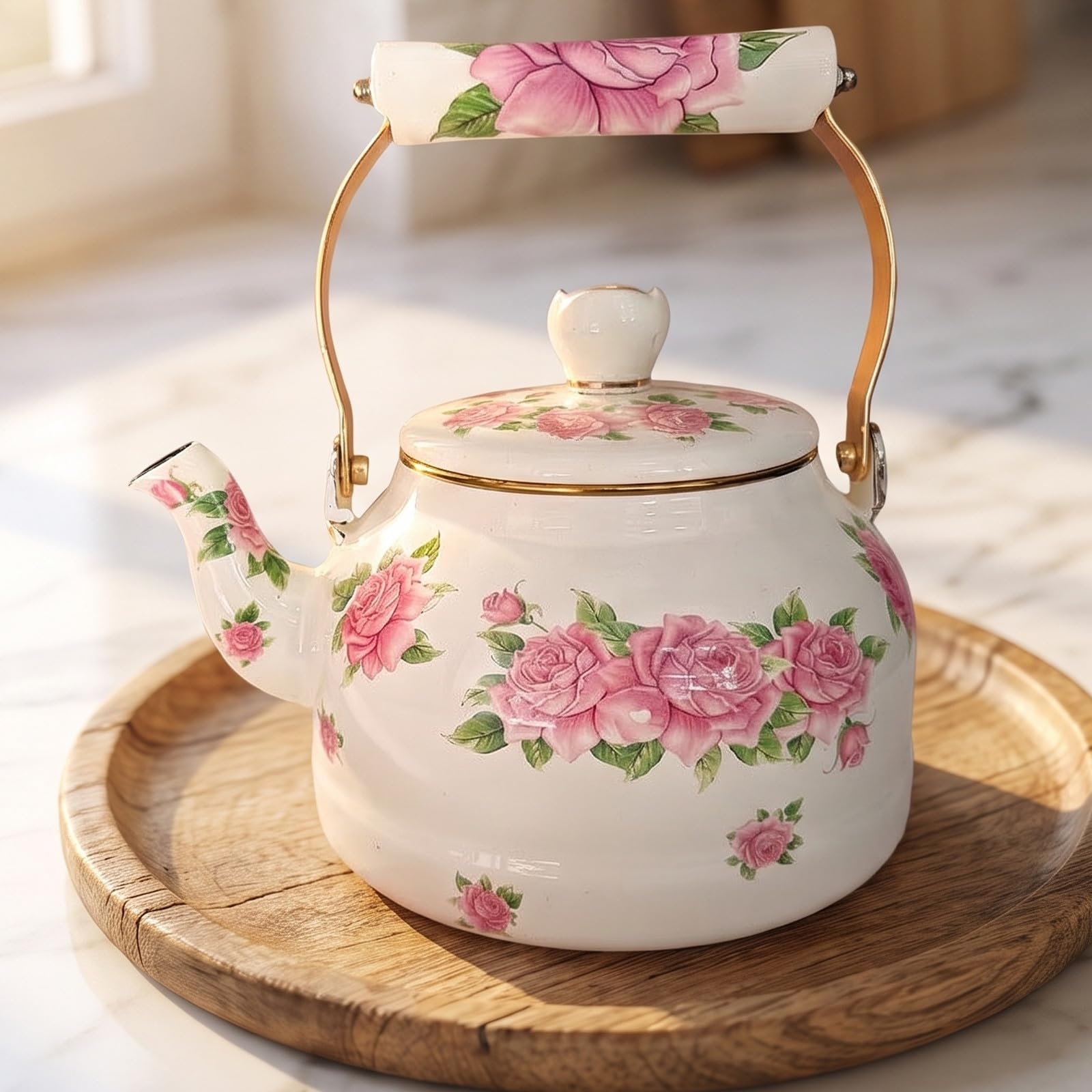 SOLUSTRE Czajnik emaliowany Farmhouse, dzbanek na wodę w stylu vintage z kwiatowym wzorem, przenośny czajnik 2,7 l w stylu retro do parzenia herbaty ziołowej i kawy, do kuchenki indukcyjnej jako
