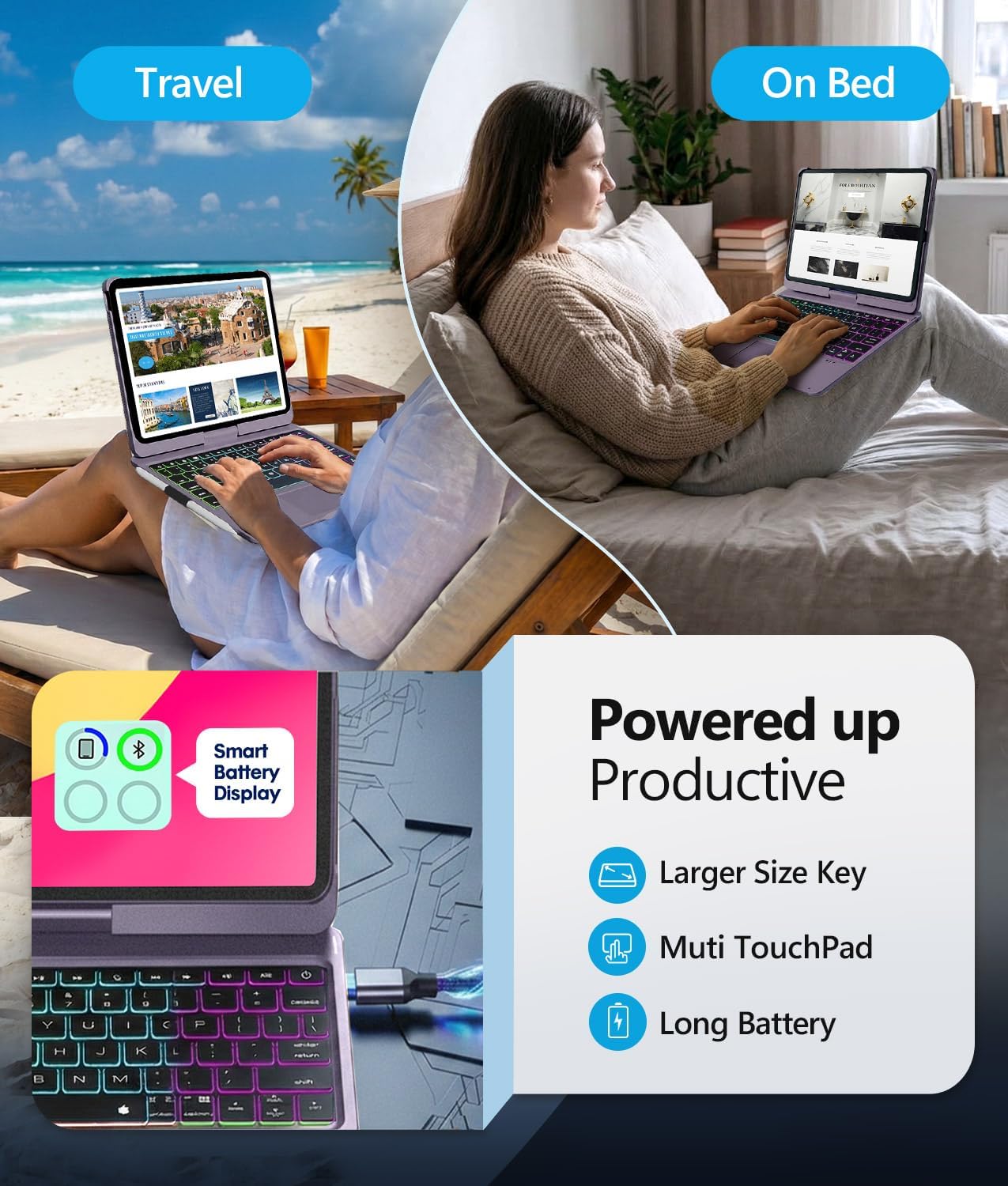 BABG for iPad 10th 11th (A16) Case with Keyboard&iPad Air 11(M4,M3,M2),360°Swivel,7 Use Modes,Rainbow Backlight Keyboard for iPad Pro 11(1st/2nd/3rd/4th Gen)&iPad Air 5th/Air 4th-Dark Purple