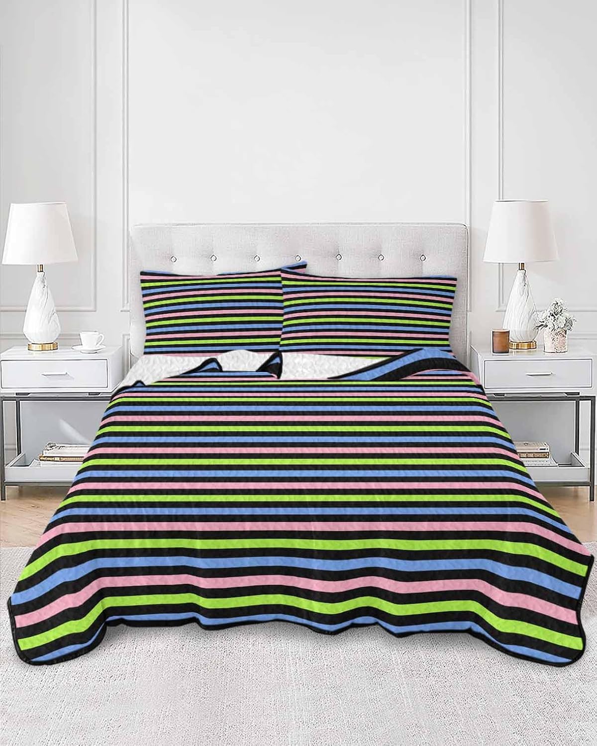 King Size Quilt Set, Green Blue Pink Stripe Lightweight Bedspread Coverlet Set Soft Microfiber Summer Quilt with 2 Pillow Shams, Classic Geometric Line 3 Piece Comforter Bedding Set