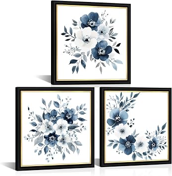 Kalormore Black and Gold Frame Artwork White and Navy Flower Framed Canvas Wall Art Blue Floral Picture for Wall Easy to Hang