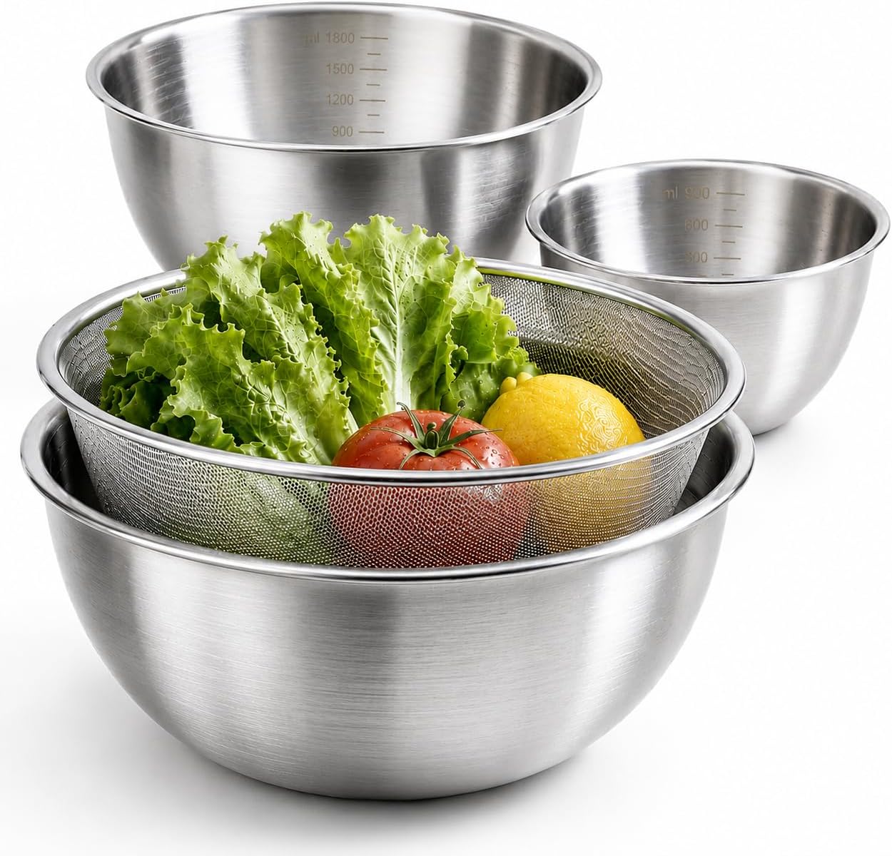 Stainless Steel Mixing Bowls Set of 4 with Colander, Nesting Metal Kitchen Bowls with Measurement Marks for Mixing, Prep, Salad & Baking, Dishwasher Safe