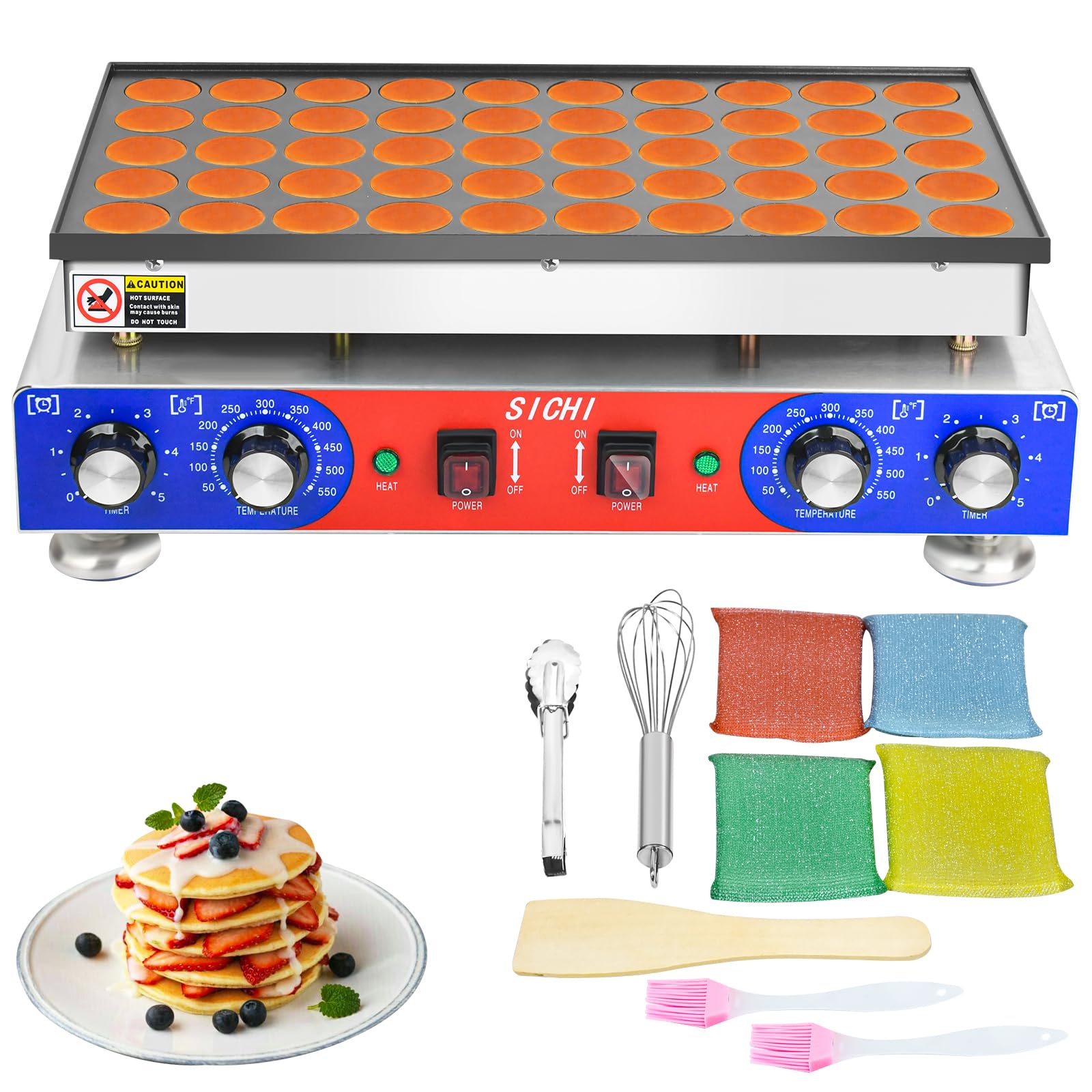 SICHI Mini Pancake Maker - 50Pcs Mini Dutch Pancake Maker With Nonstick and Quick Heat-Up, Mini Pancakes Maker Machine With 2 Thermostats & 2 Timers Separate Control, Commercial Pancake Maker Machine