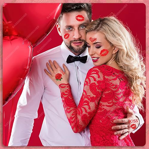 Miniatura 4 de 83 calcomanías temporales de tatuajes de labios rojos para el día de San Valentín, labios rojos, beso de amor, cupido, rosa, ramo de rosas, tatuajes