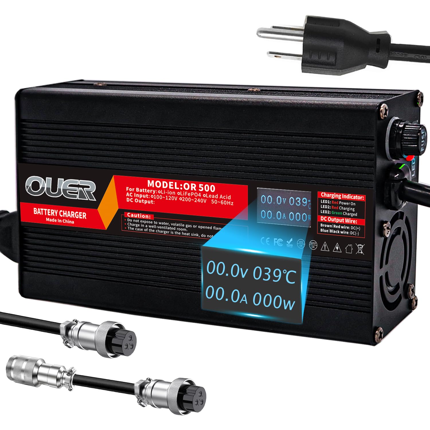 WAOUKS 58.8V 8A Li-ion Battery Charger Used for 14S 51.8V 52V Lithium Battery with OLED Display Cooling Fan Smart Charge GX16-3pin 1+3- Connector