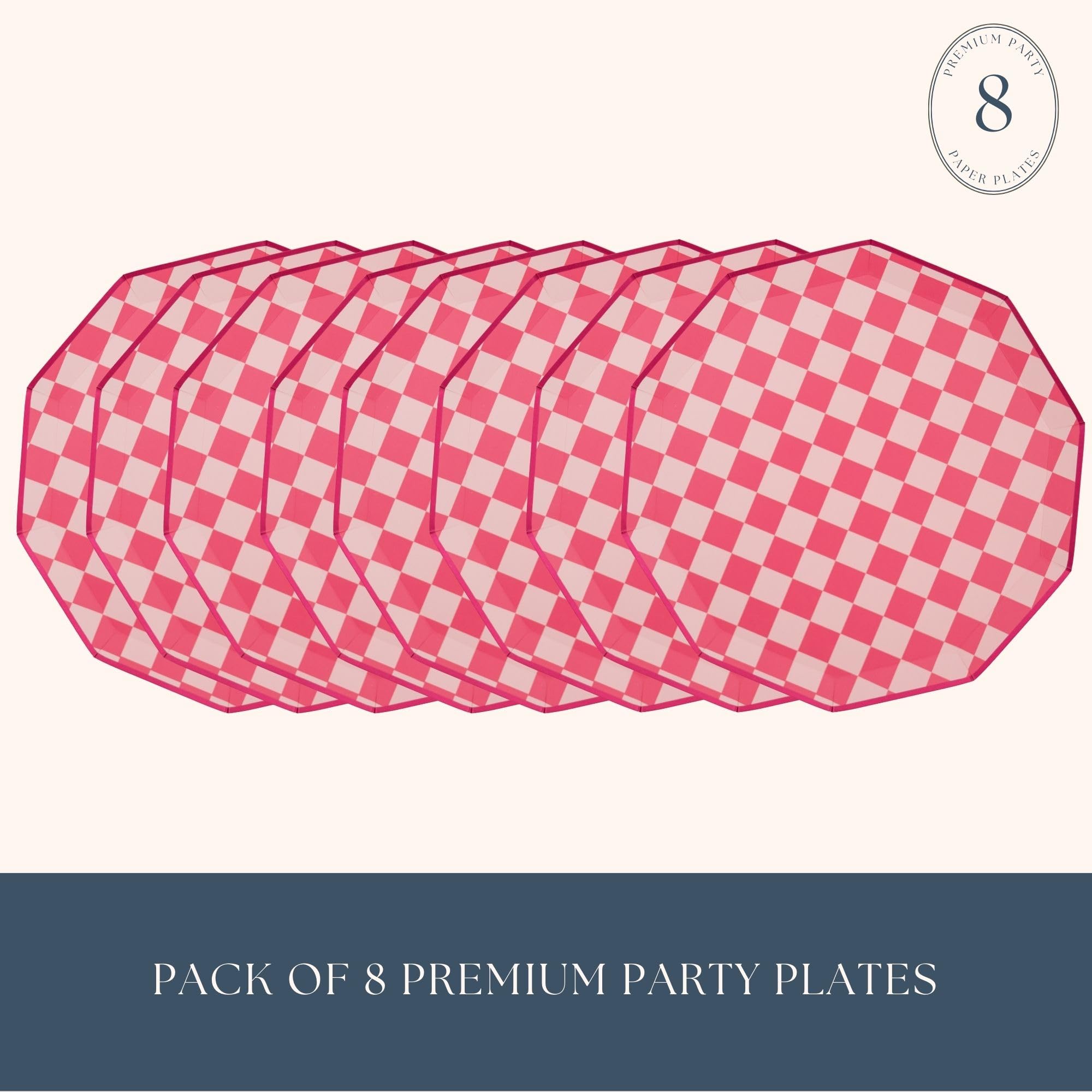 Bonjour Fete Hot Pink Checkered Paper Party Plates | Disposable Plates For Birthday, Valentine's Day | Sturdy Dinner Plates| Premium Party Supplies | Happy Birthday Decorations | Pack of 8, 10.5