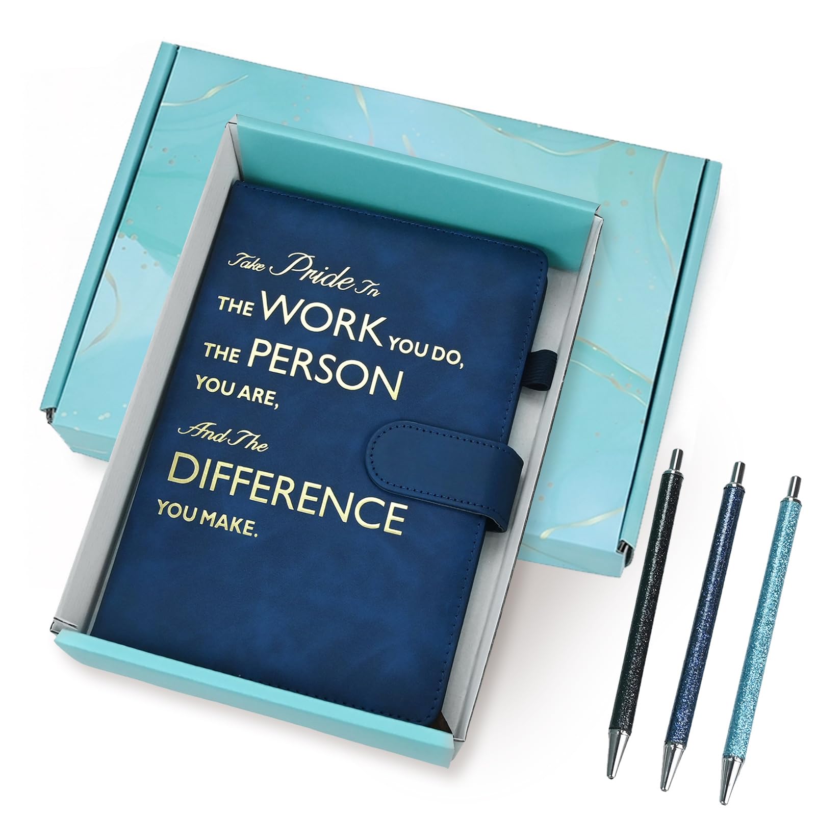 SIMDAO 5Pcs Inspirational Leather Notebook and Pen Set, A5 Journals with Gift Box, Thank You Gifts Employee Appreciation Gift for Women Men Colleague School (Blue)