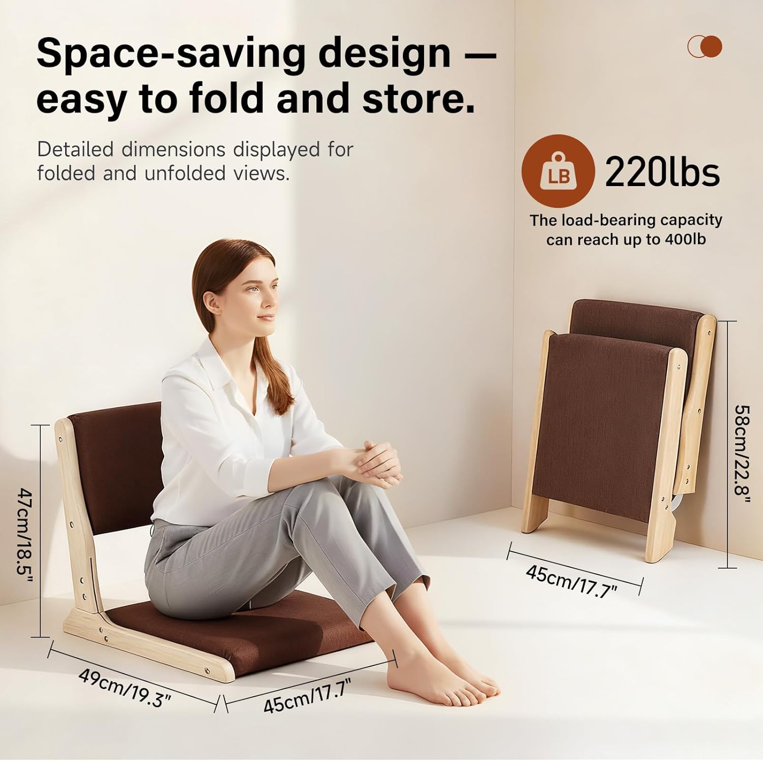 Tiita Foldable Tatami Chair, Japanese Floor Chair, Wood Legless Back Rest Chairs with Cushion, Accent Meditation Floor Chairs Bay Window, Wood Brown