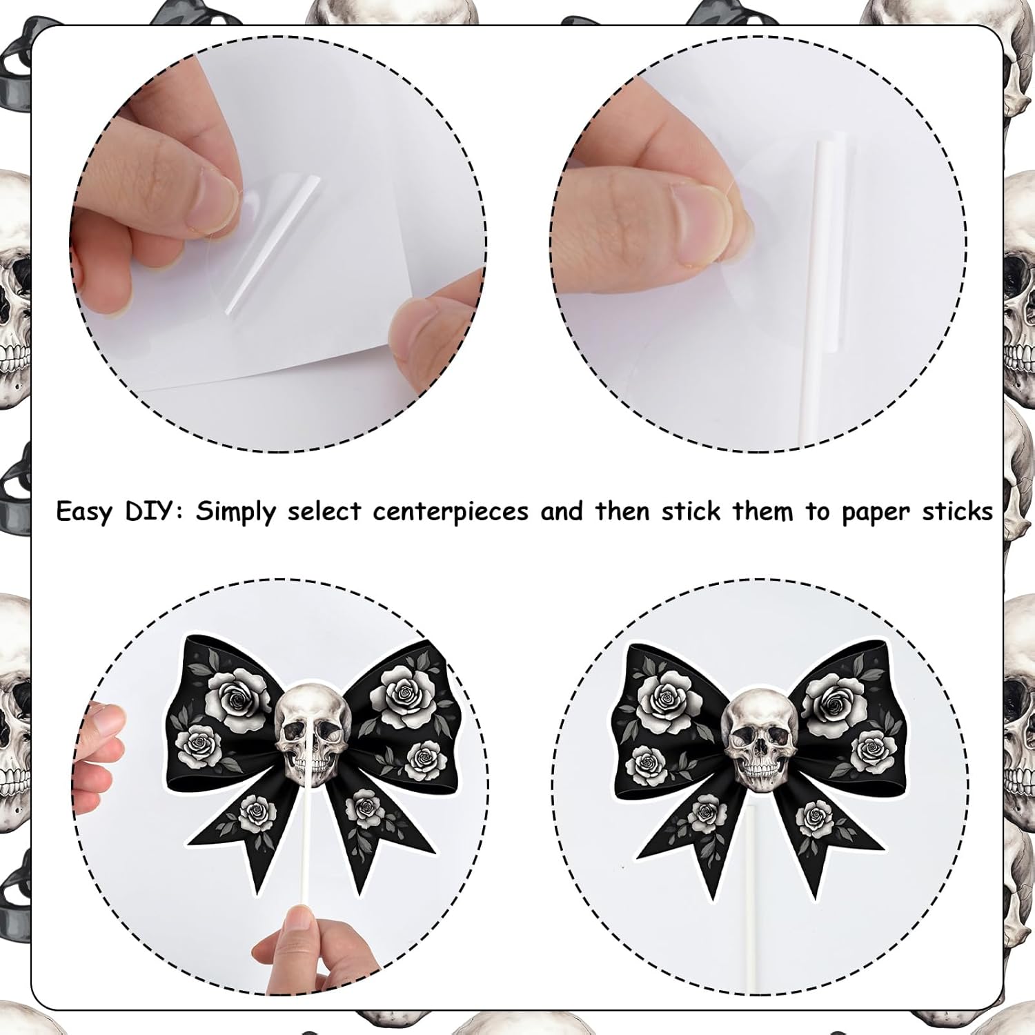 Gothic Black Bow Party Decoration 24pcs Gothic Skull Skeleton Goth Centerpieces for Table Gothic Black Bow Party Centerpieces Sticks for Women Girls Halloween Birthday Bachelorette Party Supplies