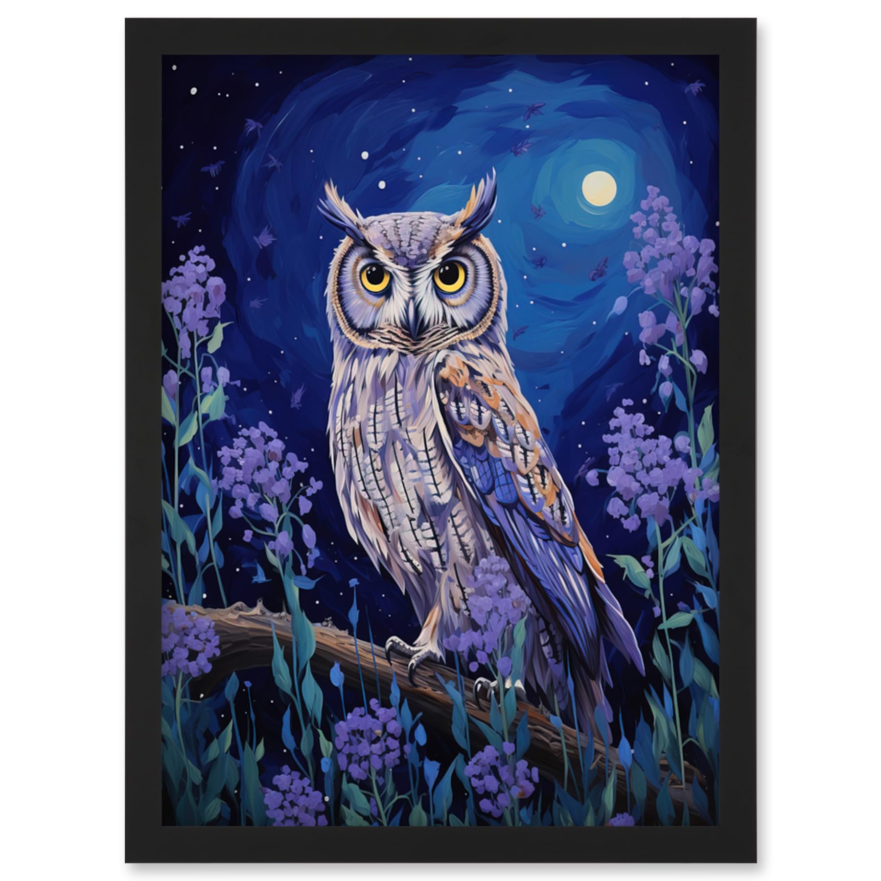 Artery8 Great Horned Owl in Lavender Field Oil Painting Blue Purple Full Moon Night in the Countryside Artwork Framed Wall Art Print A4