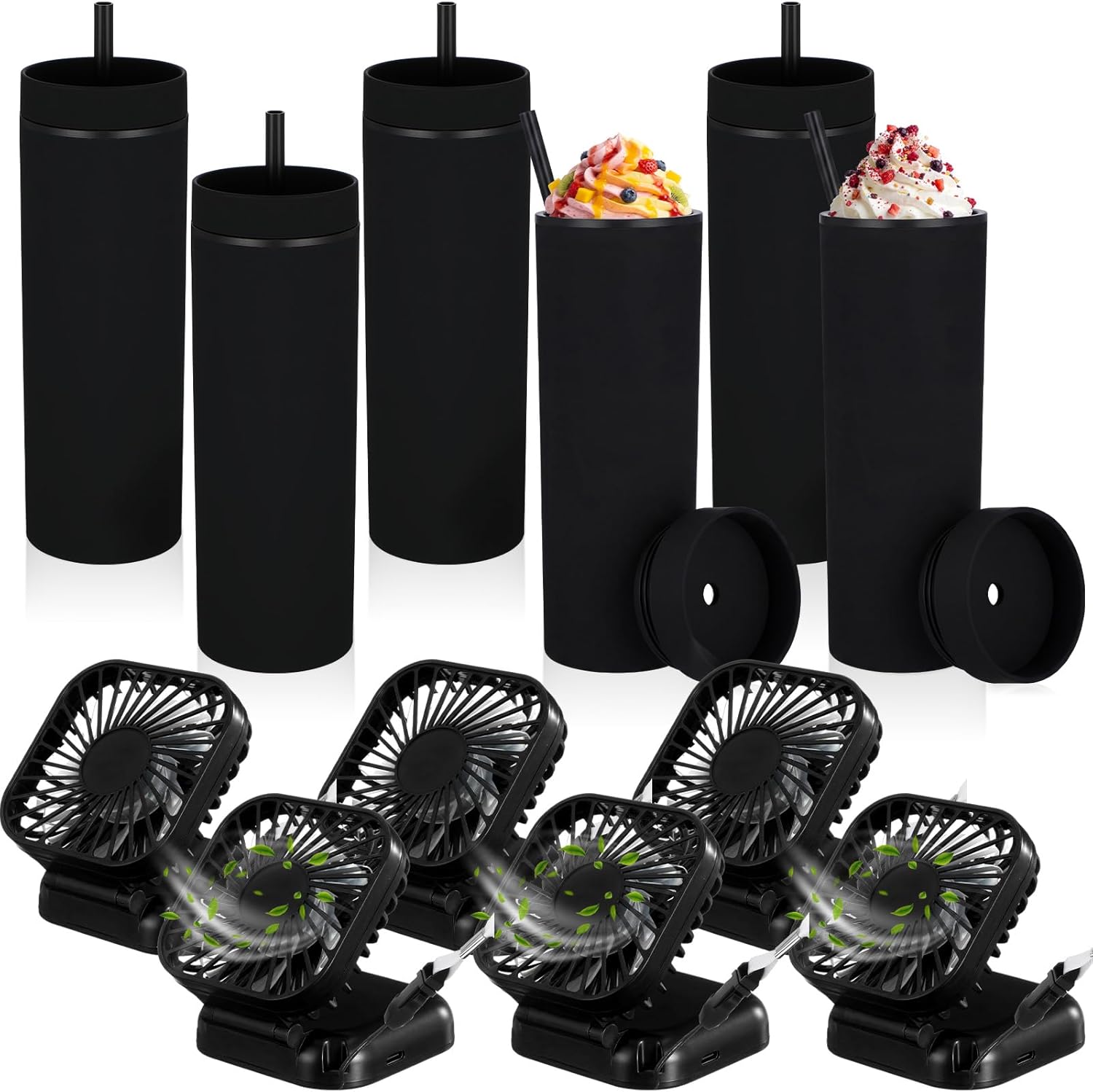Reallnaive 12 Pcs Skinny Tumbler Bulk and Mini Portable Fans Set for Summer, 16 oz Plastic Cups with Lids Straws and Small USB Rechargeable Handheld Fan for Cooling Gift (Multicolor)