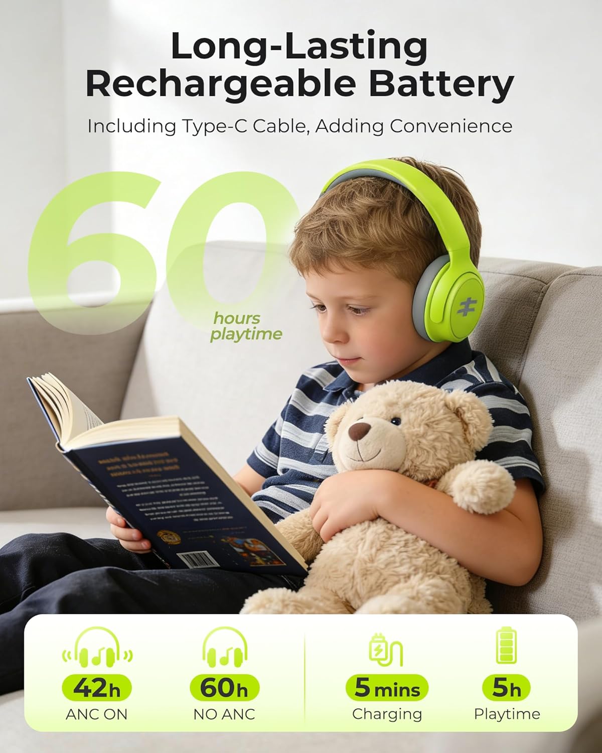 seenda Active Noise Cancelling Headphones for Kids, HEO-303 Bluetooth 5.4 60H Playtime Type C Fast Charging, 74/85/94 dB Safe Volume Limit Headset with Mic for Ipad, Airplane, Travel, Green - Image 6