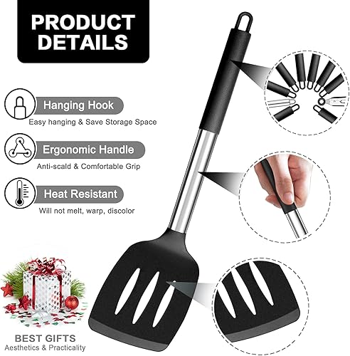 Miniatura 2 de P&P CHEF - Juego de 10 utensilios de cocina de silicona resistente al calor con mango de acero inoxidable, incluye espátula, cuchara, pinzas,