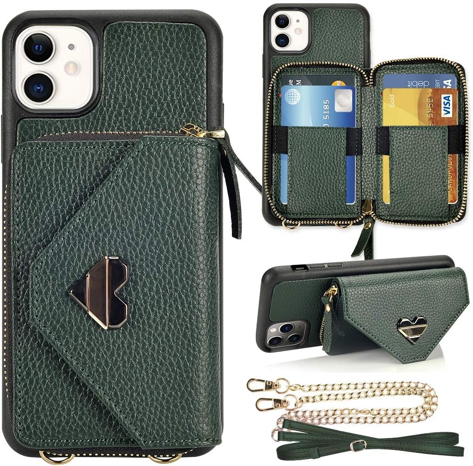iPhone 11 Wallet Case 6.1 inch, JLFCH iPhone 11 Crossbody Case with Card Holder Wrist Strap Purse Chain Zipper Cover for iPhone 11 6.1 inch, Midnight Green
