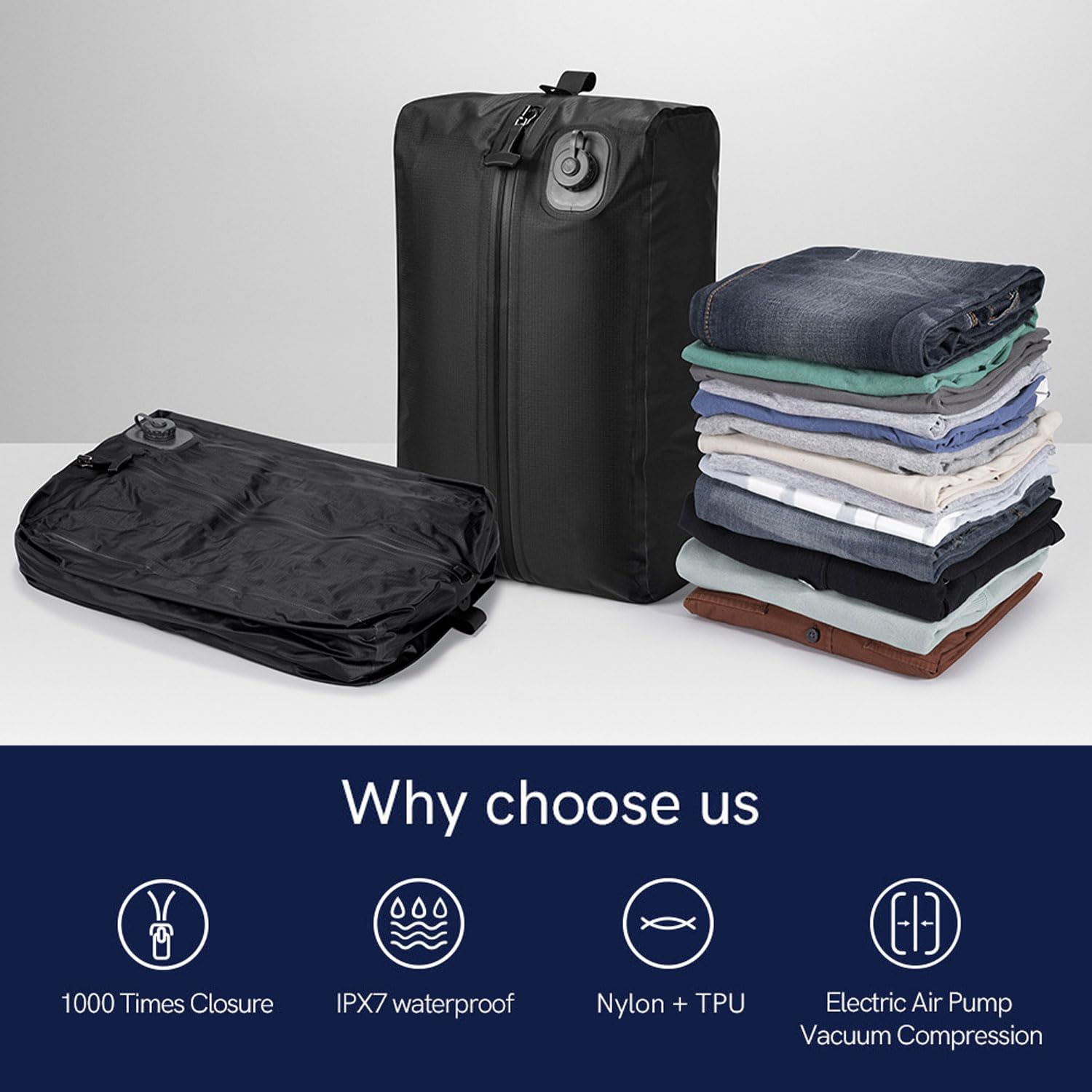 Pochette de Compression Voyage avec Pompe électrique Intégrée, Sacs de Rangement Sous Vide pour Valise, Réutilisables et Gain de Place Valise Sacs à Dos Durables Imperméables Ipx7 en TPU (Gris foncé)