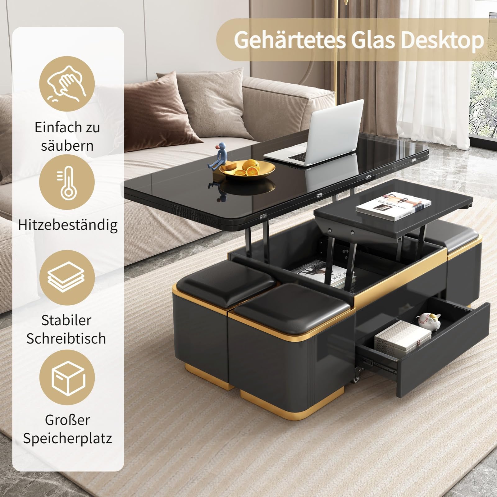 Guyii Höhenverstellbarer Couchtisch 120 cm lang mit Ablage, Multifunktionaler Cauchsofa Tisch, Coffee Table mit integriertem Stauraum und Klapptisch, Moderner Design für Wohnzimmer (schwarz)