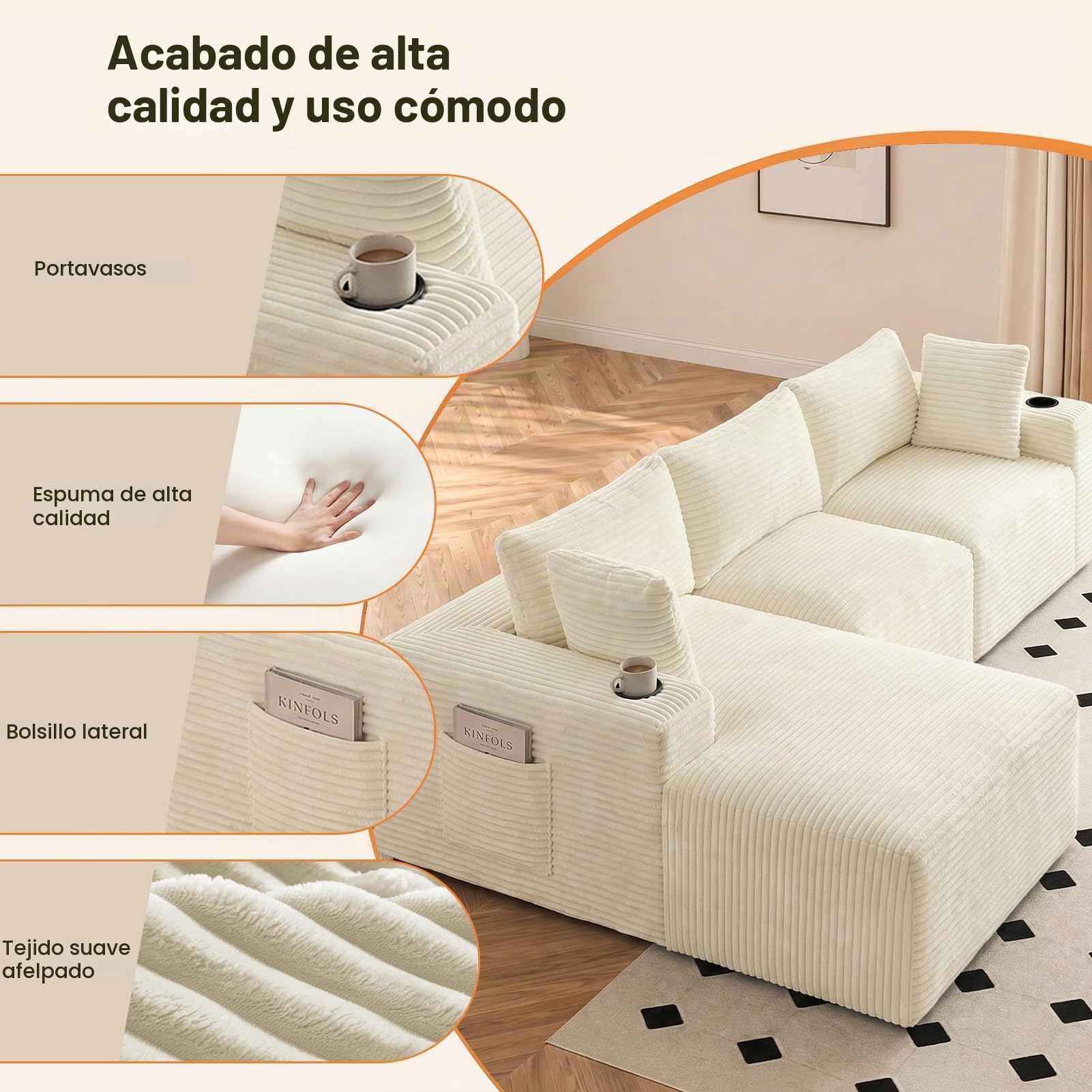 HAUSPROFI Sofá esquinero con función de Dormir (Beige Largo)