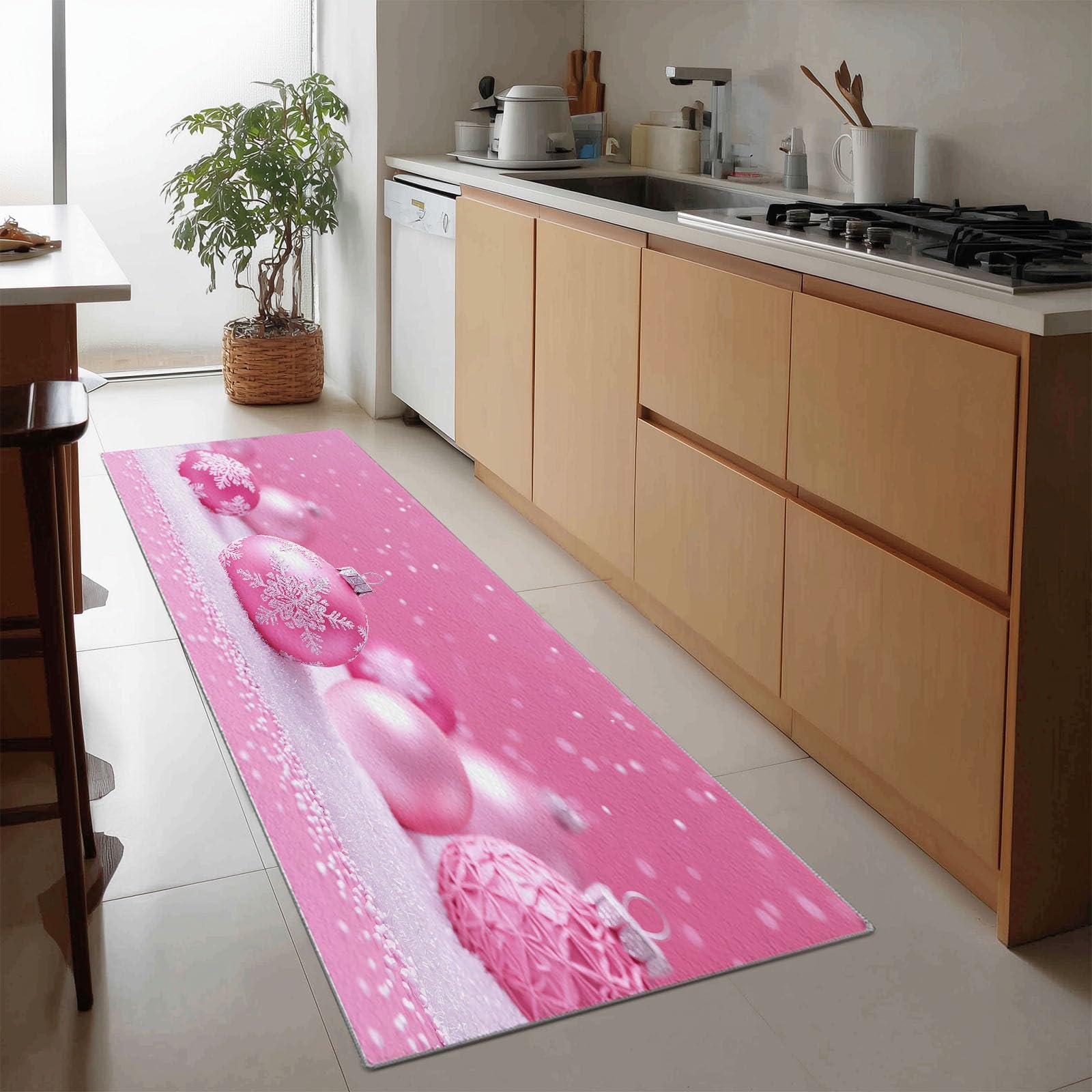 Generico Tappeto da Corridoio Antiscivolo 60 x 180 cm, Tappeto Passatoia Tema Natalizio Pelo Corto Palline Di Natale Rosa Fiocchi Di Neve per Corridoio Ufficio Entrata Casa Cucina da Ingresso