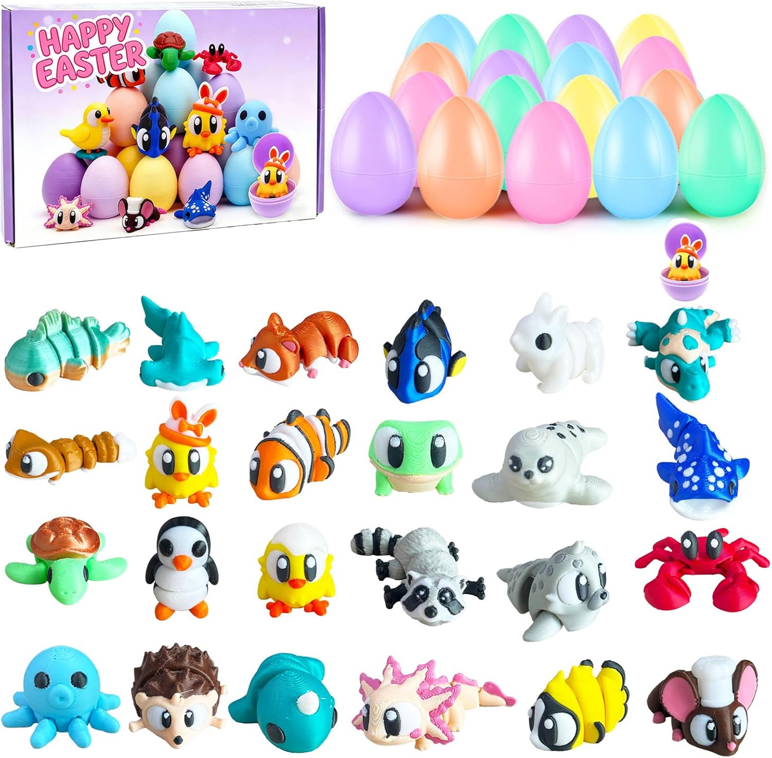 24Pack Easter Eggs,3D Printed Stuff,Easter Basket Stuffers,3D Printed Little Animals Articulated Flexible Fidget Toy, Easter Egg with Animal Toys Kids Classroom Gift Exchange Party Favors