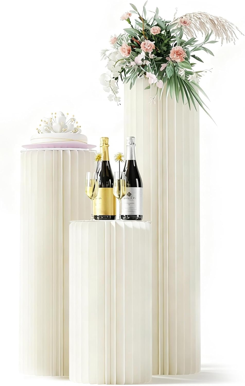 3 Pack Portable White Cylinder Stands for Party, 31.5", 23.6", 15.7" Height Foldable Cardboard Tall Cake Pedestal Stand Flower Floral Pillar Table Stand, cilindros para fiestas redondos blancos for Wedding Parties