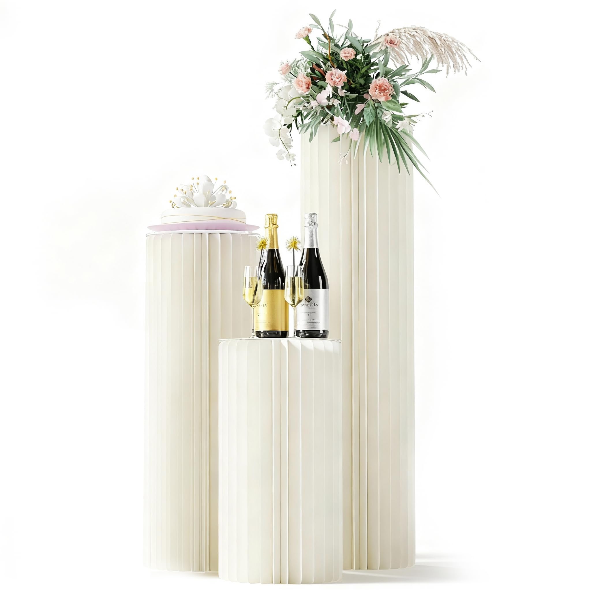 3 pack portable white cylinder stands for party, 31.5", 23.6", 15.7" height foldable cardboard tall cake pedestal stand flower floral pillar table stand, cilindros para fiestas redondos blancos for wedding parties