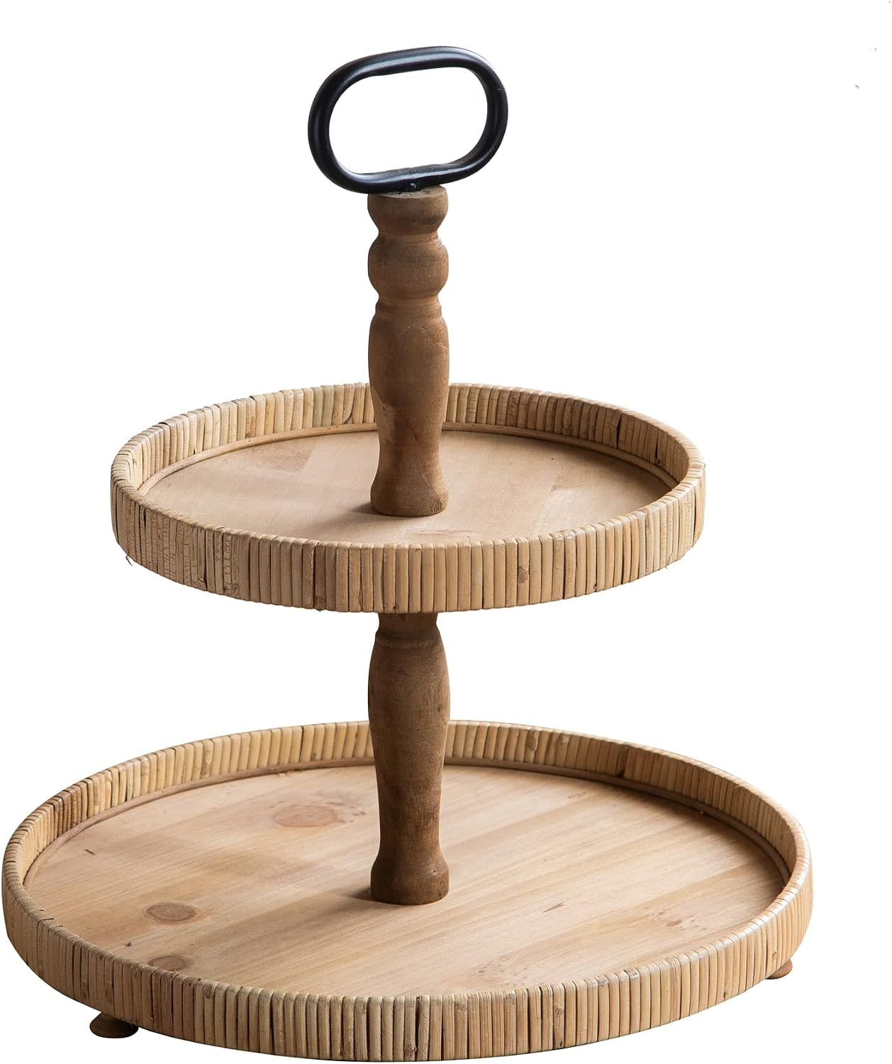 2 Tier Tray Rustic Farmhose Decor Tray with Metal Handle Round Wood Tiered Serving Tray Stand for Decor and Serving Fruit Cake Desserts Snack Candy Nuts Light Brown
